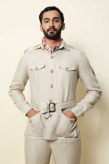Buy_House Of Three_Beige Linen Safari Shacket _at_Aza_Fashions