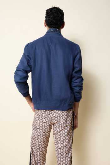 House Of Three_Blue Linen Embroidery The Imperial Crest Bomber Jacket _Online_at_Aza_Fashions