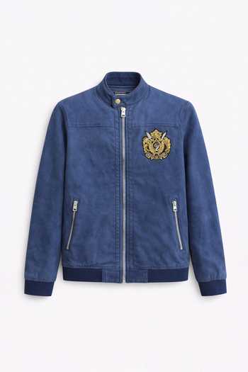Buy_House Of Three_Blue Linen Embroidery The Imperial Crest Bomber Jacket _Online_at_Aza_Fashions