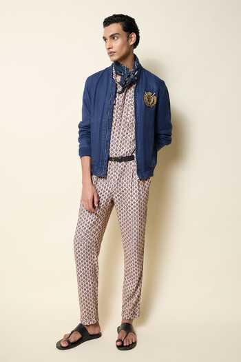 Shop_House Of Three_Blue Linen Embroidery The Imperial Crest Bomber Jacket _Online_at_Aza_Fashions