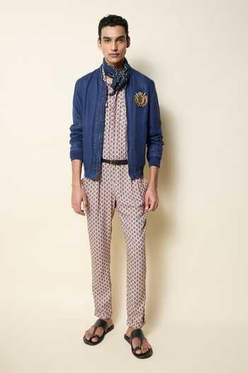 House Of Three_Blue Linen Embroidery The Imperial Crest Bomber Jacket _at_Aza_Fashions