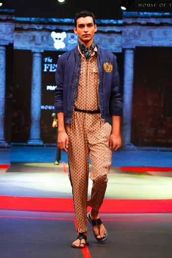 Buy_House Of Three_Blue Linen Embroidery The Imperial Crest Bomber Jacket 