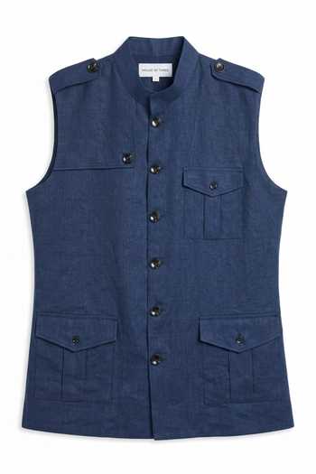 Buy_House Of Three_Blue Linen Navy Utility Waistcoat _Online_at_Aza_Fashions