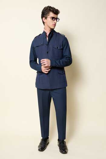 Shop_House Of Three_Blue Linen Navy Utility Waistcoat _Online_at_Aza_Fashions