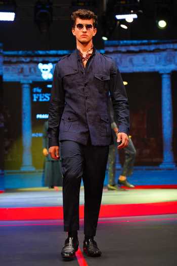 House Of Three_Blue Linen Navy Utility Waistcoat _at_Aza_Fashions