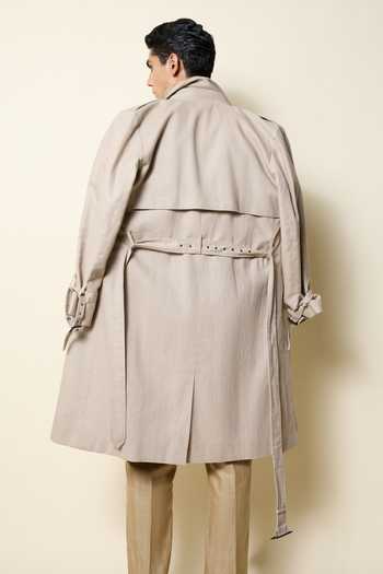 House Of Three_Beige Cotton, Twill Swadeshi Linen Trench Coat _Online_at_Aza_Fashions