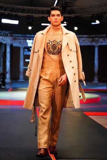 Shop_House Of Three_Beige Cotton, Twill Swadeshi Linen Trench Coat _Online_at_Aza_Fashions