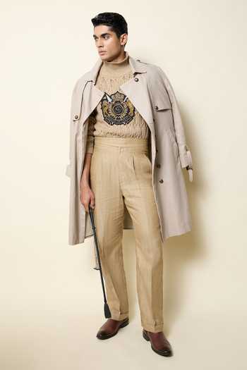 House Of Three_Beige Cotton, Twill Swadeshi Linen Trench Coat _at_Aza_Fashions