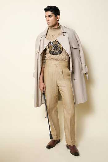 Buy_House Of Three_Beige Cotton, Twill Swadeshi Linen Trench Coat 
