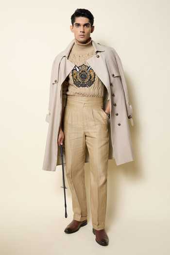 Shop_House Of Three_Beige Cotton, Twill Swadeshi Linen Trench Coat 