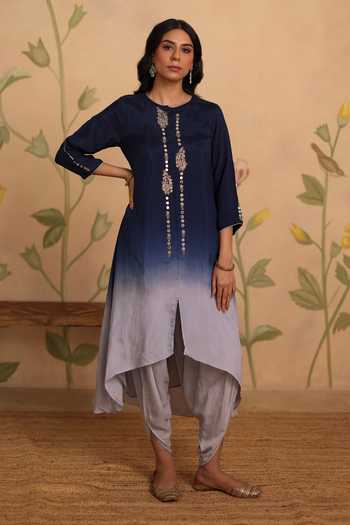 Buy_Pouli Pret_Blue Silk, Cotton, Muslin, Voile Embroidery, Zari Naaz Kurta And Dhoti Pant Set _at_Aza_Fashions