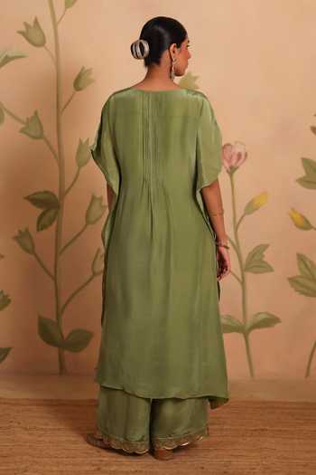 Shop_Pouli Pret_Green Silk Embroidery, Zari, Mirrors Square Pankaja Zardozi Kaftan And Pant Set _at_Aza_Fashions