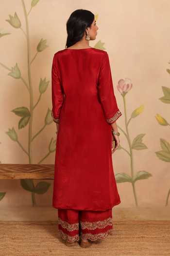 Shop_Pouli Pret_Red Silk, Organza, Cotton, Voile Sequins, Zari, Zohra Embroidered Kurta Set _at_Aza_Fashions