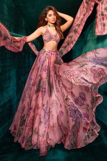 Buy_Mahima Mahajan_Pink Silk Organza Beads, Sequins V-neck Asma Floral Print Lehenga Set _at_Aza_Fashions