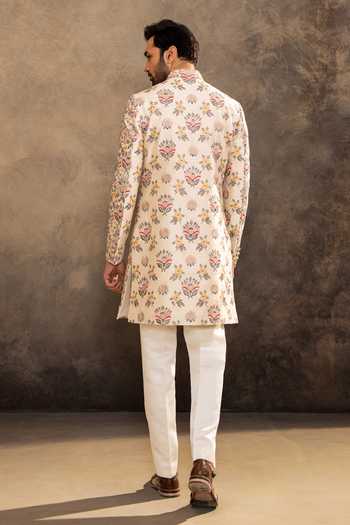 Shop_Millionaire_Cream Silk Flower Embroidered Raw Sherwani Set _at_Aza_Fashions