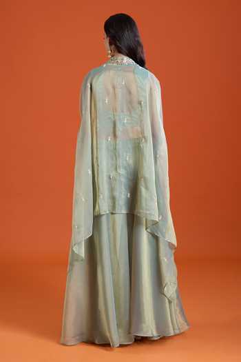 Shop_Samyukta Singhania_Green Tissue Embroidery V-neck Cape Sharara Set _at_Aza_Fashions