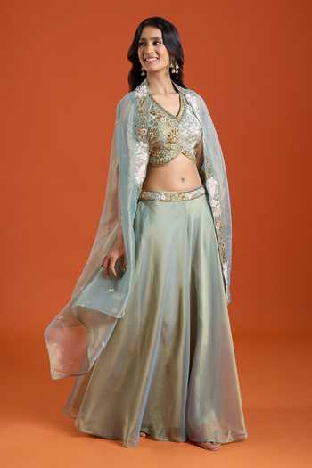 Buy_Samyukta Singhania_Green Tissue Embroidery V-neck Cape Sharara Set _at_Aza_Fashions