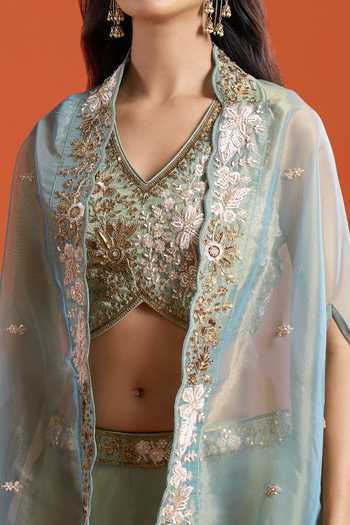 Shop_Samyukta Singhania_Green Tissue Embroidery V-neck Cape Sharara Set 