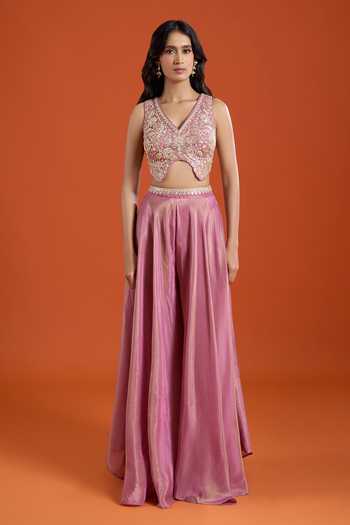 Samyukta Singhania_Pink Crepe Embroidery V-neck Cape Sharara Set _Online_at_Aza_Fashions