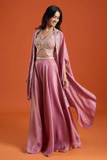 Shop_Samyukta Singhania_Pink Crepe Embroidery V-neck Cape Sharara Set _Online_at_Aza_Fashions