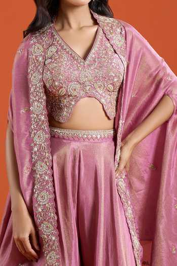 Buy_Samyukta Singhania_Pink Crepe Embroidery V-neck Cape Sharara Set 