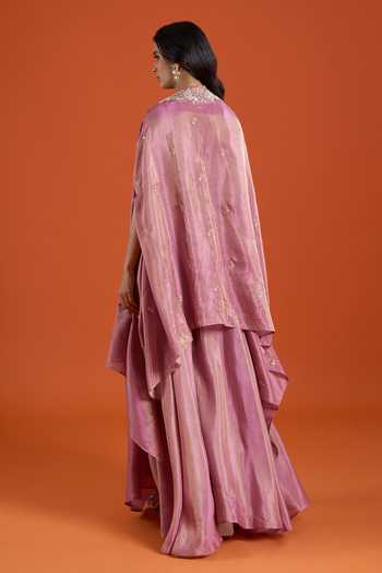 Shop_Samyukta Singhania_Pink Crepe Embroidery V-neck Cape Sharara Set _at_Aza_Fashions