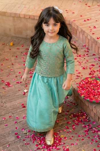 Shop_Petite Pomme_Blue Silk, Taffeta, Brocade Floral Woven Top And Lehenga Set _at_Aza_Fashions