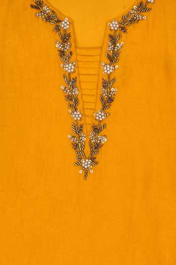 Petite Pomme_Orange Silk, Net Embroidery, Beads Placement Kurta Set _Online_at_Aza_Fashions