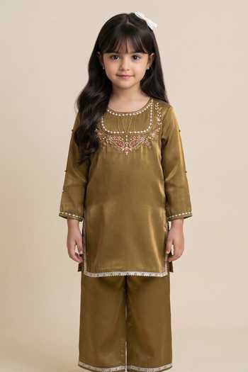 Petite Pomme_Brown Polyester Embroidery, Beads, Pearls Yoke Kurta And Pant Set _Online_at_Aza_Fashions