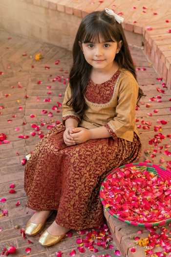 Buy_Petite Pomme_Gold Dupion, Brocade Gota Patti Placement Woven Top And Lehenga Set _Online_at_Aza_Fashions