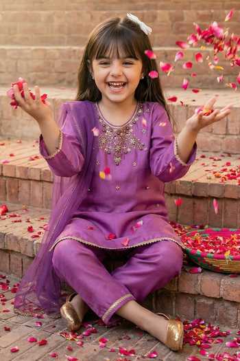 Petite Pomme_Purple Crepe, Net Embroidery, Sequins, Gota Patti Work Kurta Set _Online_at_Aza_Fashions