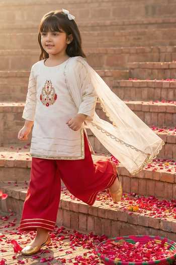 Shop_Petite Pomme_White Crepe, Net Embroidery, Zari Placement Kurta Palazzo Set _Online_at_Aza_Fashions
