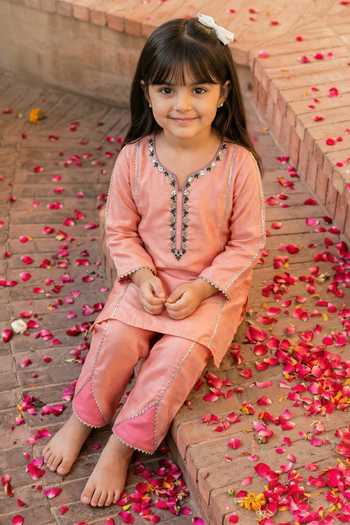 Buy_Petite Pomme_Pink Crepe Embroidery, Mirrors Placket Kurta And Pant Set _Online_at_Aza_Fashions