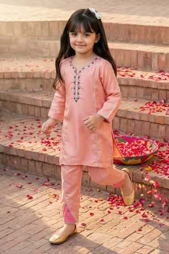 Buy_Petite Pomme_Pink Crepe Embroidery, Mirrors Placket Kurta And Pant Set _at_Aza_Fashions