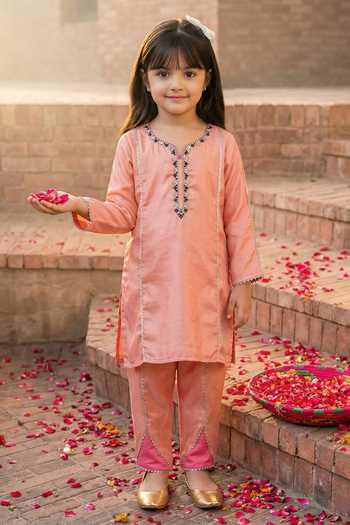 Shop_Petite Pomme_Pink Crepe Embroidery, Mirrors Placket Kurta And Pant Set _at_Aza_Fashions