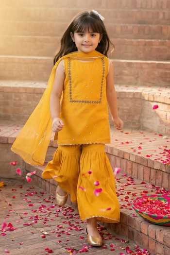 Shop_Petite Pomme_Yellow Silk, Net Mirrors Embroidered Kurta Palazzo Set _at_Aza_Fashions