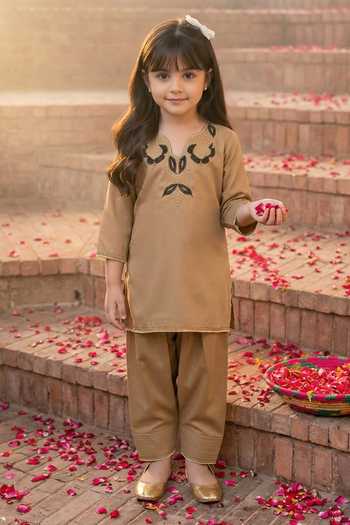 Shop_Petite Pomme_Brown Crepe Embroidery, Beads, Pearls Kurta And Pant Set _at_Aza_Fashions