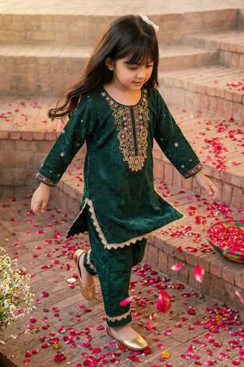 Buy_Petite Pomme_Green Polyester Embroidery, Sequins, Zari Work Kurta And Pant Set _Online_at_Aza_Fashions