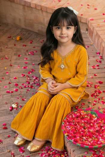 Petite Pomme_Yellow Silk Embroidery, Mirrors Kurta And Sharara Set _Online_at_Aza_Fashions