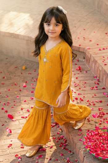Shop_Petite Pomme_Yellow Silk Embroidery, Mirrors Kurta And Sharara Set _at_Aza_Fashions