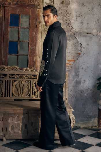 Shop_Mahima Mahajan_Black Satin, Linen Applique Vidyut Abstract Shirt _at_Aza_Fashions