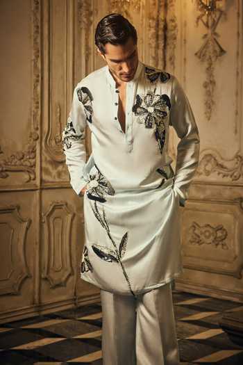 Mahima Mahajan_Blue Satin, Linen Embroidery Vedant Kurta And Pant Set _Online_at_Aza_Fashions