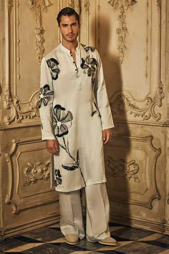 Shop_Mahima Mahajan_Blue Satin, Linen Embroidery Vedant Kurta And Pant Set _at_Aza_Fashions