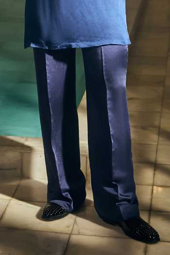Mahima Mahajan_Blue Satin, Linen Embroidery Ishir Kurta And Pant Set _Online_at_Aza_Fashions