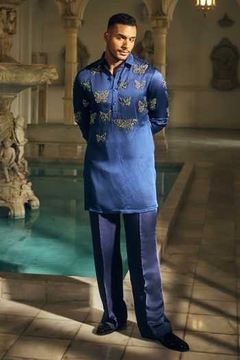 Buy_Mahima Mahajan_Blue Satin, Linen Embroidery Ishir Kurta And Pant Set _Online_at_Aza_Fashions