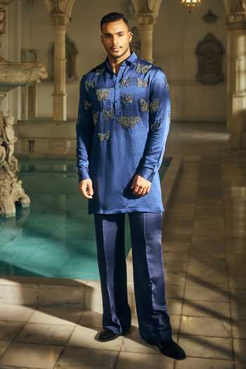 Shop_Mahima Mahajan_Blue Satin, Linen Embroidery Ishir Kurta And Pant Set _Online_at_Aza_Fashions