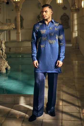 Shop_Mahima Mahajan_Blue Satin, Linen Embroidery Ishir Kurta And Pant Set _at_Aza_Fashions
