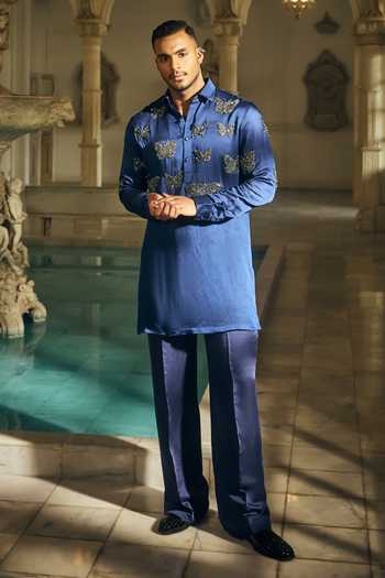 Buy_Mahima Mahajan_Blue Satin, Linen Embroidery Ishir Kurta And Pant Set _at_Aza_Fashions