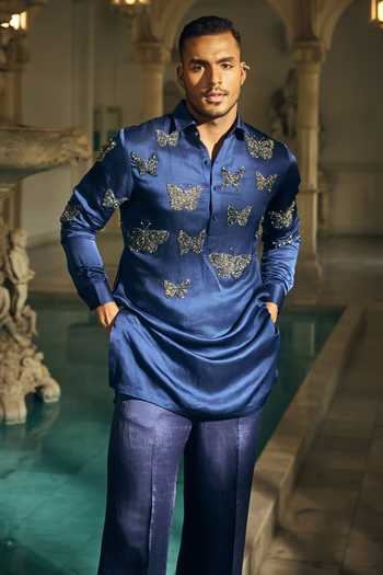 Mahima Mahajan_Blue Satin, Linen Embroidery Ishir Kurta And Pant Set _at_Aza_Fashions