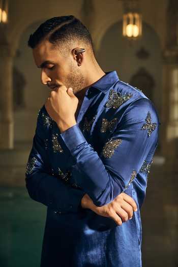 Buy_Mahima Mahajan_Blue Satin, Linen Embroidery Ishir Kurta And Pant Set 